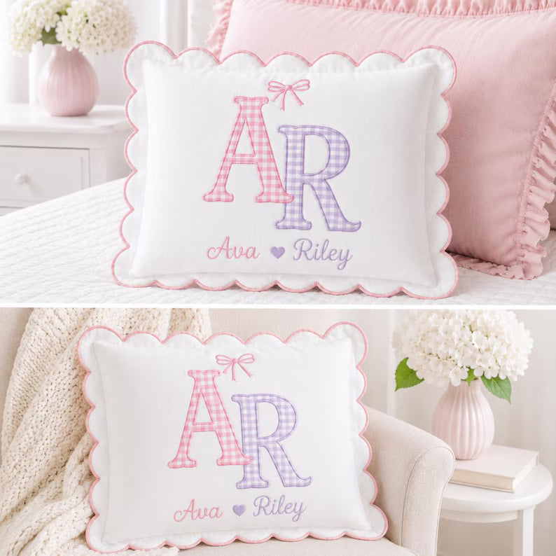 Personalized Sibling Pillow Cover - Gingham Monogram with Brother and Sister Names