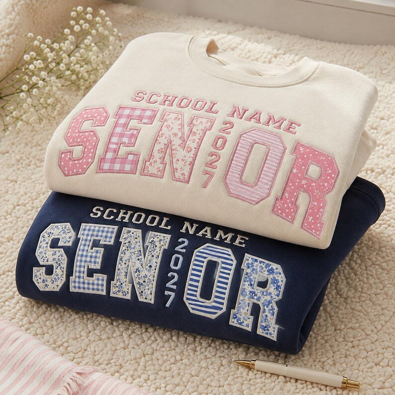 Custom College Name Sweatshirt - Floral Patchwork Applique Varsity Crewneck