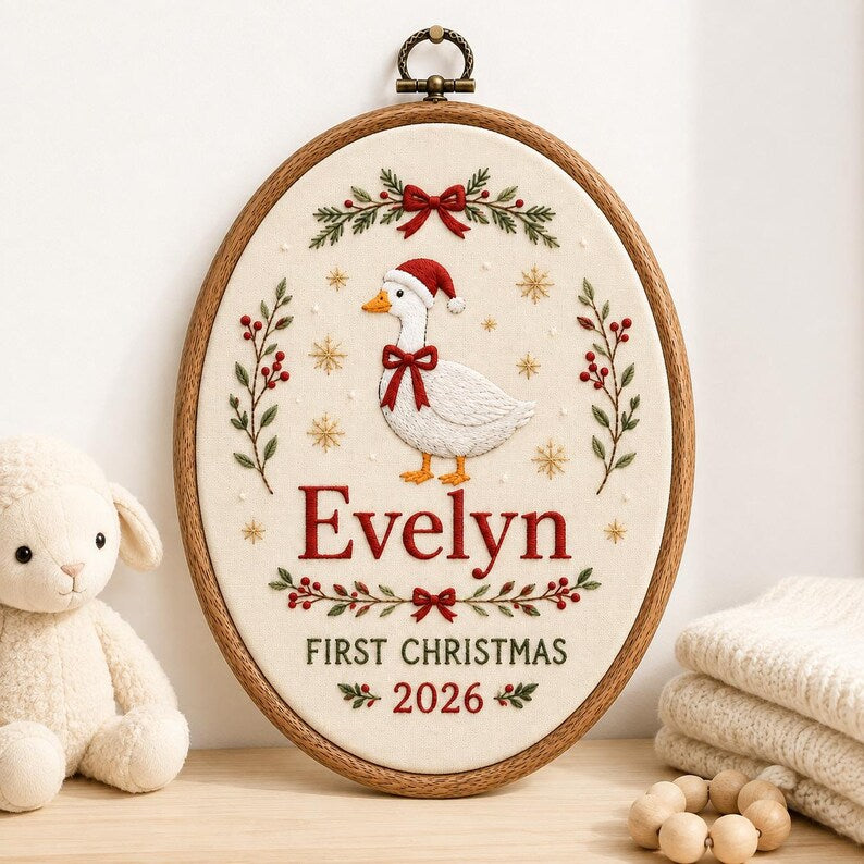 Personalized Baby’s First Christmas Goose Hoop 2026 - Embroidered Name Keepsake