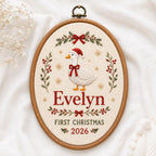 Personalized Baby’s First Christmas Goose Hoop 2026 - Embroidered Name Keepsake