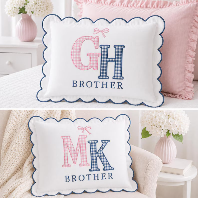 Personalized Sibling Pillow Cover - Gingham Monogram with Brother and Sister Names
