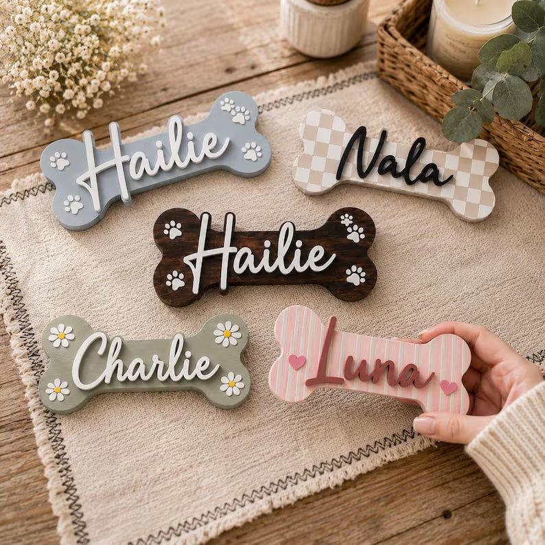 Personalized Dog Bone Wooden Sign - Custom Pet Name Leash Holder
