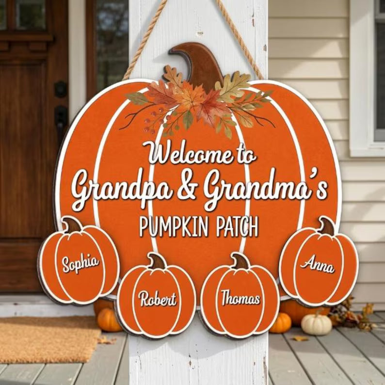 Custom Grandkids Pumpkin Patch Sign - Fall Grandparent Door Hanger