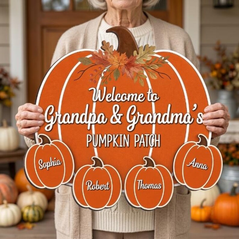 Custom Grandkids Pumpkin Patch Sign - Fall Grandparent Door Hanger