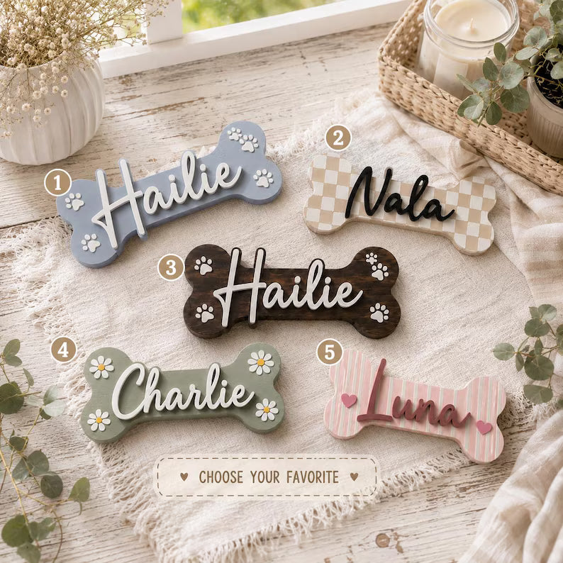 Personalized Dog Bone Wooden Sign - Custom Pet Name Leash Holder