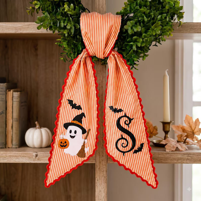 Halloween Monogram Door Bow - Custom Embroidered Name Sash