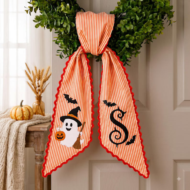 Halloween Monogram Door Bow - Custom Embroidered Name Sash