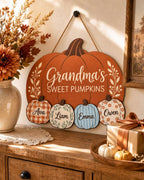 Personalized Grandma Pumpkin Sign - Grandkids Names Fall Door Hanger