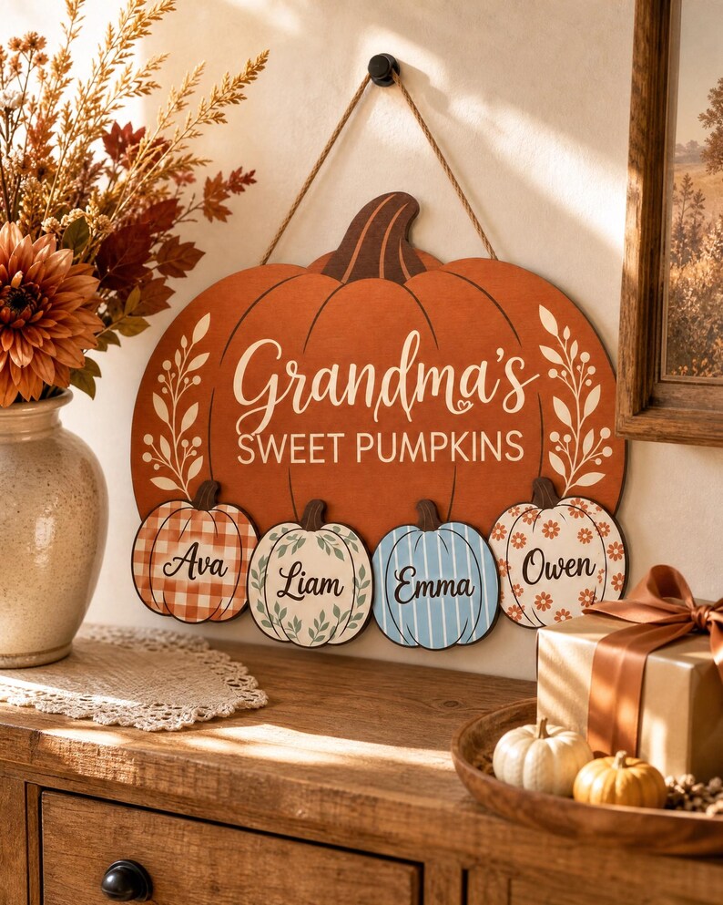 Personalized Grandma Pumpkin Sign - Grandkids Names Fall Door Hanger