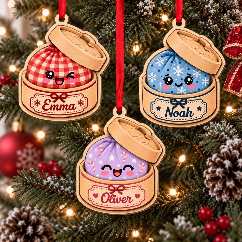 Personalized Bao Bun Christmas Ornament - Custom Name Kawaii Steamer Basket Keepsake