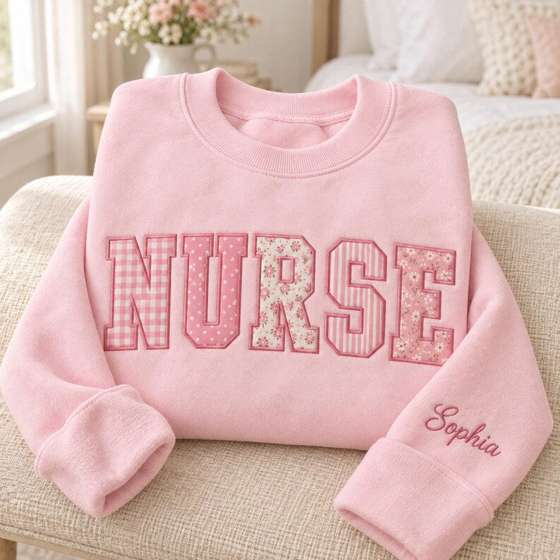 Personalized Nurse Sweatshirt - Floral Applique Custom Name Crewneck