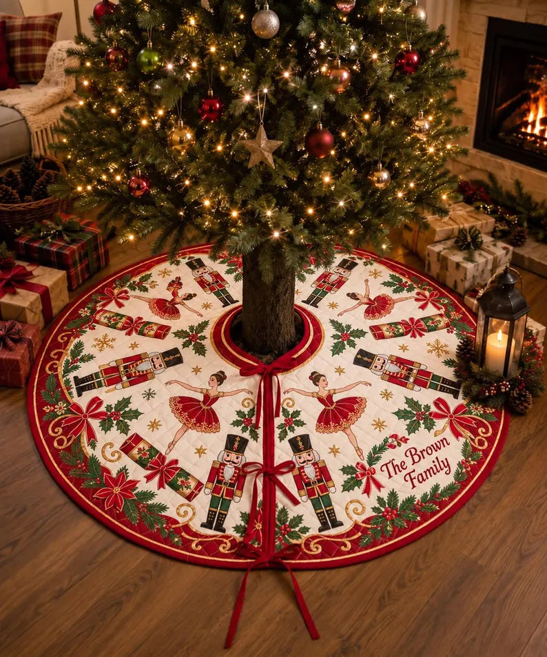 Custom Family Name Nutcracker Tree Skirt - Quilted Ballet Christmas Tree Decor