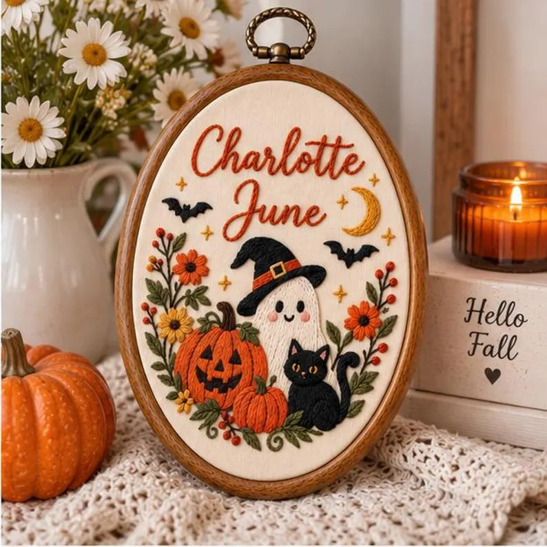 Personalized Halloween Embroidery Hoop - Ghost Pumpkin Cat Name Decor