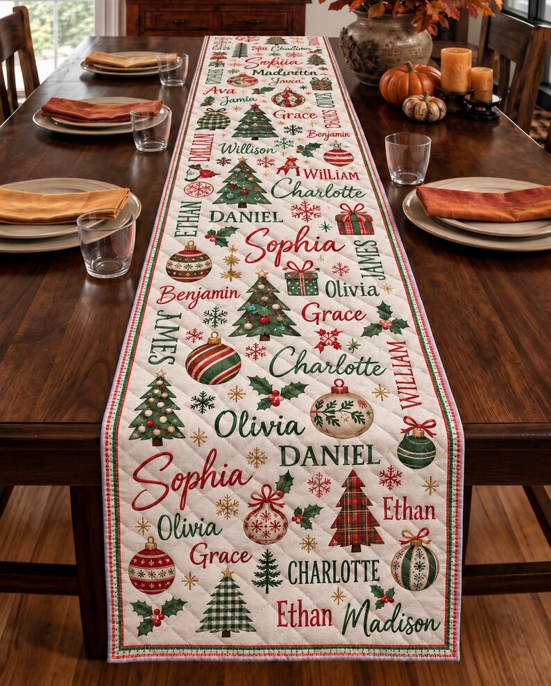 Personalized Christmas Table Runner - Custom Repeating Names Holiday Home Decor