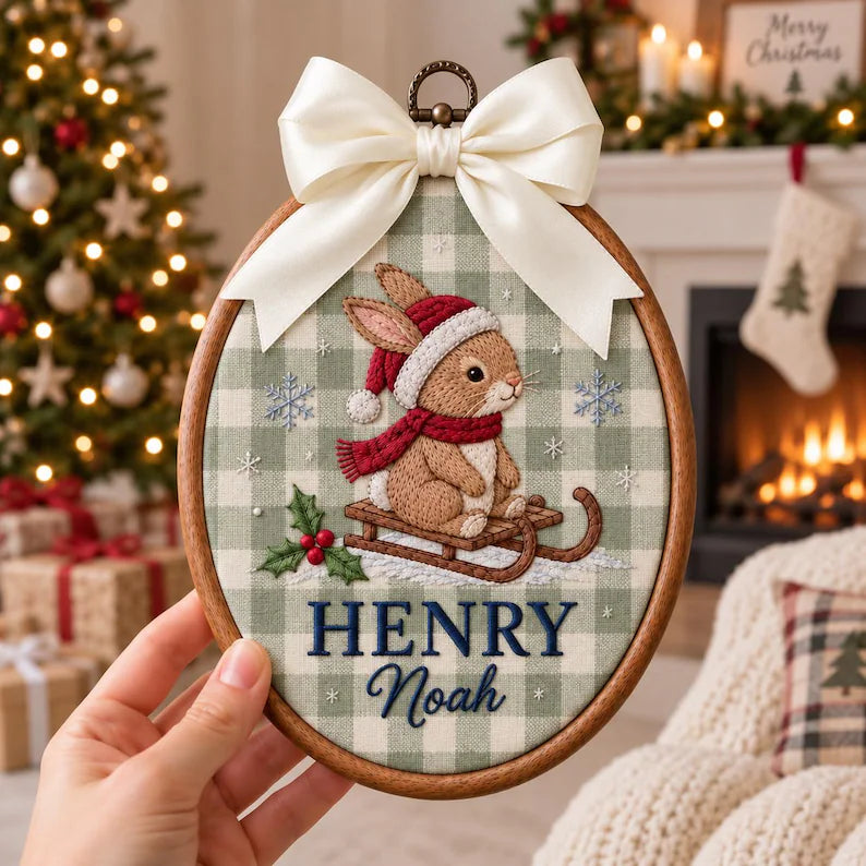 Personalized Bunny Christmas Ornament - Custom Baby Name Embroidery Hoop First Christmas Keepsake
