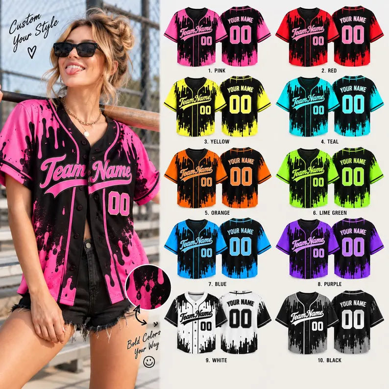 Custom Paint Splatter Baseball Jersey - Personalized Name & Number Team Shirt