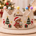 Personalized Christmas Birthday Linen Crown - Embroidered Baby Name First Birthday Hat