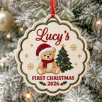 Personalized Baby’s First Christmas Teddy Bear Ornament 2026 - Embroidered Name Christmas Keepsake