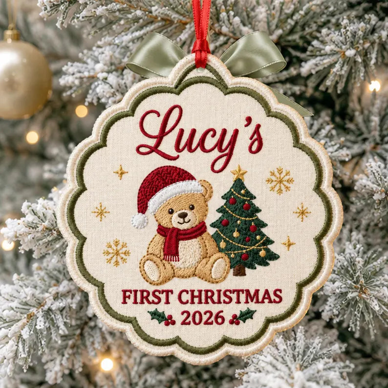 Personalized Baby’s First Christmas Teddy Bear Ornament 2026 - Embroidered Name Christmas Keepsake