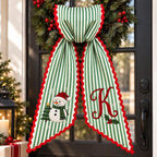 Personalized Christmas Wreath Sash - Embroidered Monogram Green Stripe Door Decor