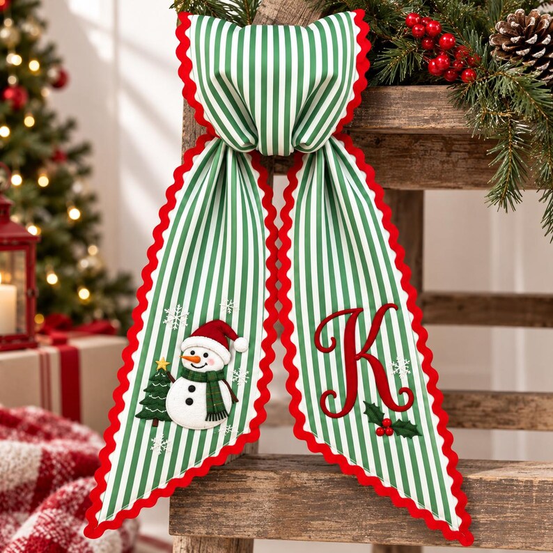Personalized Christmas Wreath Sash - Embroidered Monogram Green Stripe Door Decor