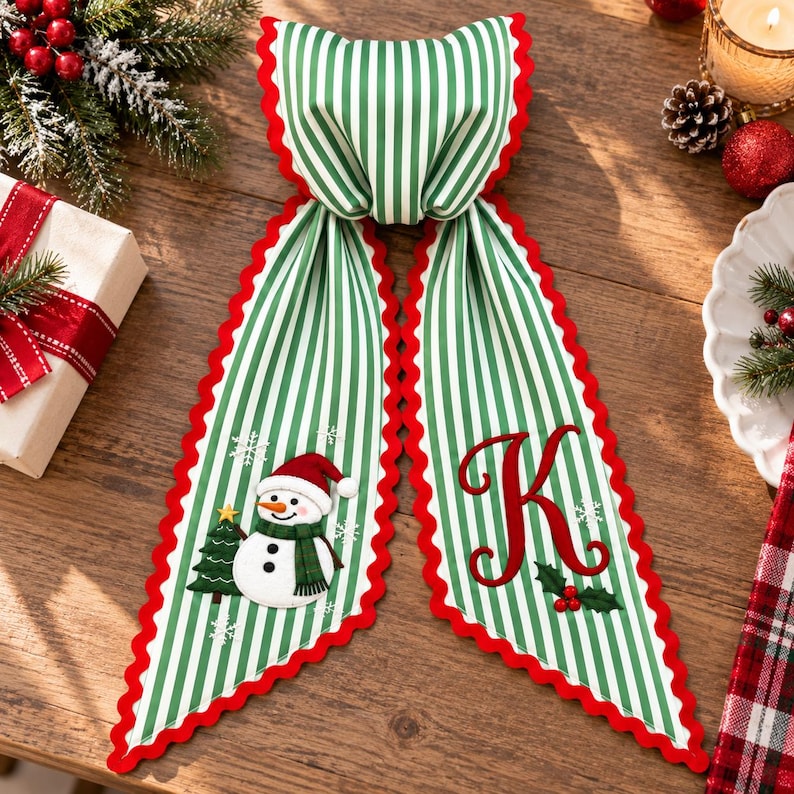 Personalized Christmas Wreath Sash - Embroidered Monogram Green Stripe Door Decor