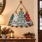 Personalized Family Christmas Tree Sign - Plaid Gingham Wooden Door Hanger