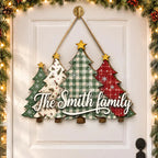 Personalized Family Christmas Tree Sign - Plaid Gingham Wooden Door Hanger