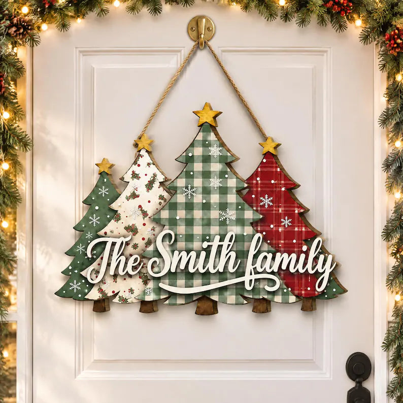 Personalized Family Christmas Tree Sign - Plaid Gingham Wooden Door Hanger
