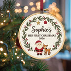 Personalized Baby’s First Christmas Ornament – Santa Reindeer Embroidered Name Hoop