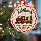 Personalized Baby’s First Christmas Train Ornament 2026 - Embroidered Vintage Toy Train with Custom Name