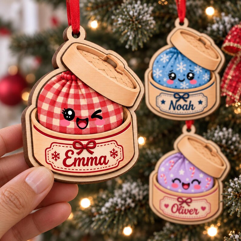 Personalized Bao Bun Christmas Ornament - Custom Name Kawaii Steamer Basket Keepsake