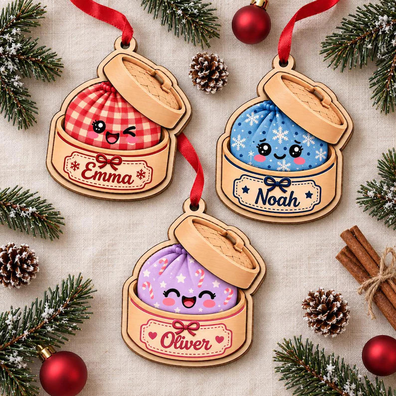 Personalized Bao Bun Christmas Ornament - Custom Name Kawaii Steamer Basket Keepsake