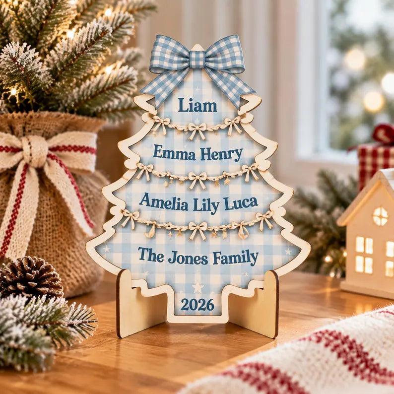 Personalized Family Christmas Tree Sign - Custom Names Wooden Tabletop Decor
