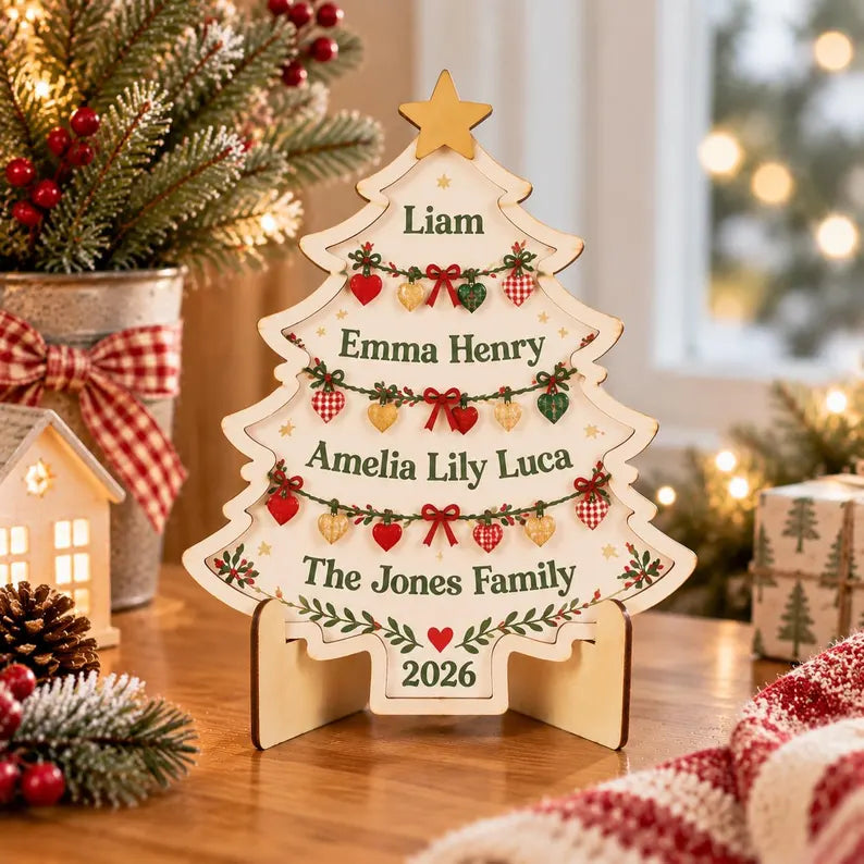 Personalized Family Christmas Tree Sign - Custom Names Wooden Tabletop Decor