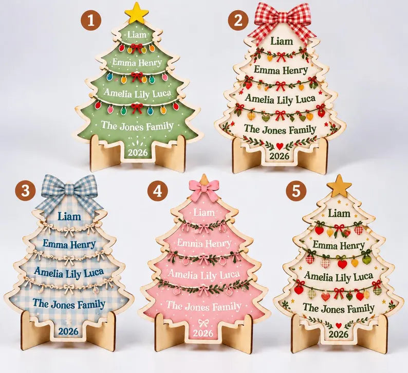 Personalized Family Christmas Tree Sign - Custom Names Wooden Tabletop Decor