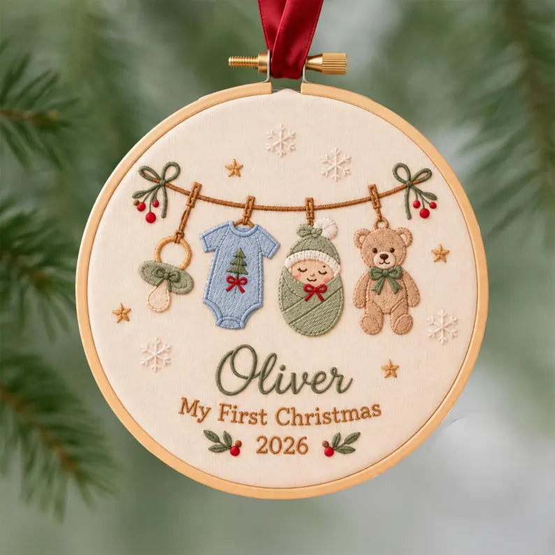 Personalized Baby’s First Christmas Clothesline Ornament - Embroidered Name Keepsake
