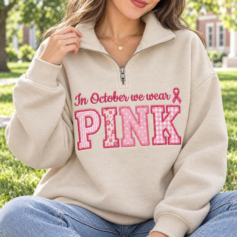Breast Cancer Awareness Quarter Zip - PINK Patchwork Appliqué Pullover