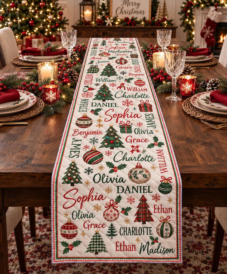Personalized Christmas Table Runner - Custom Repeating Names Holiday Home Decor