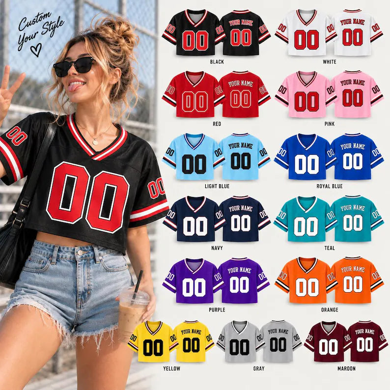 Custom Cropped Football Jersey - Personalized Name & Number Women's Game Day Top
