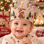 Personalized Christmas Birthday Linen Crown - Embroidered Baby Name First Birthday Hat