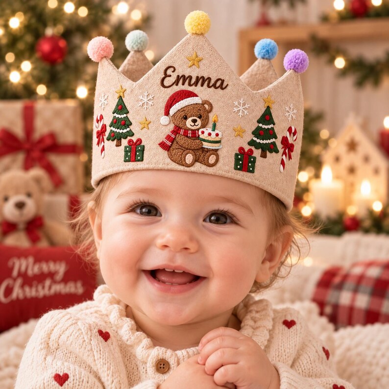 Personalized Christmas Birthday Linen Crown - Embroidered Baby Name First Birthday Hat
