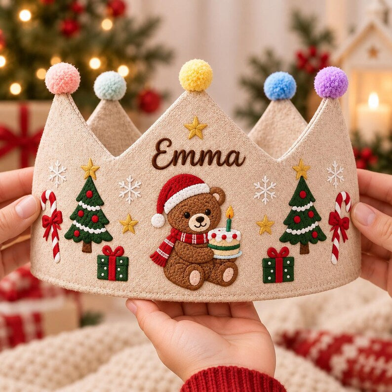 Personalized Christmas Birthday Linen Crown - Embroidered Baby Name First Birthday Hat