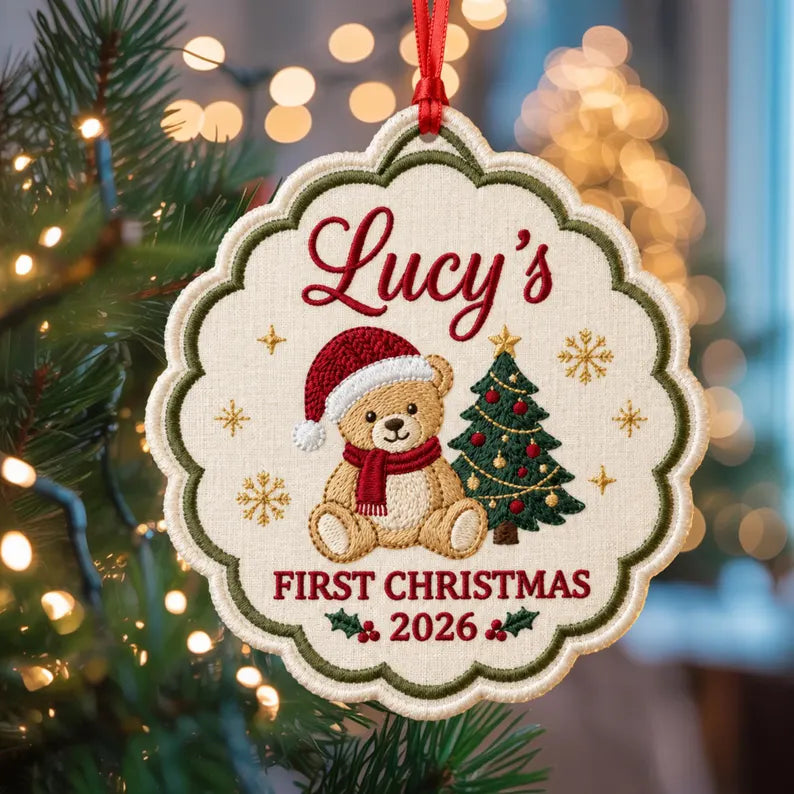 Personalized Baby’s First Christmas Teddy Bear Ornament 2026 - Embroidered Name Christmas Keepsake