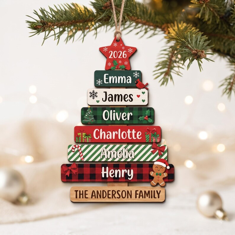 Custom Stacked Name Christmas Tree Ornament 2026- Personalized Wooden Family Keepsake
