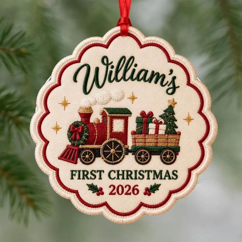 Personalized Baby’s First Christmas Train Ornament 2026 - Embroidered Vintage Toy Train with Custom Name