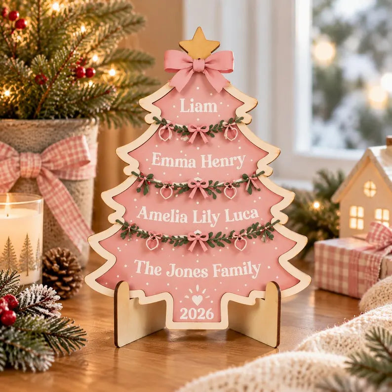 Personalized Family Christmas Tree Sign - Custom Names Wooden Tabletop Decor