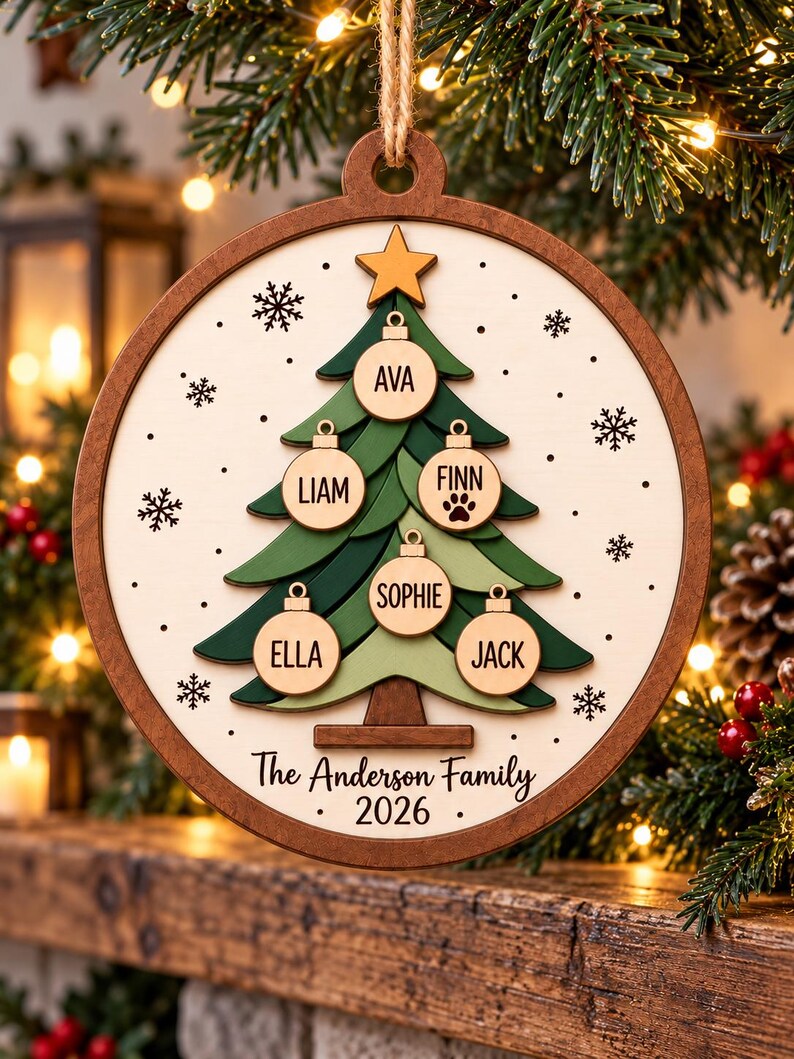 Personalized Family Tree Christmas Ornament - Custom Family Names & Pet Paw Print Keepsake 2026