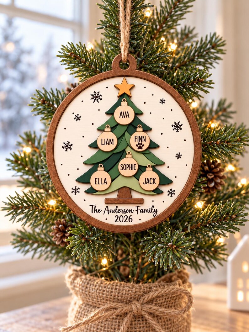 Personalized Family Tree Christmas Ornament - Custom Family Names & Pet Paw Print Keepsake 2026