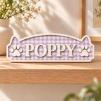 Personalized Gingham Pet Name Plaque - Custom Wood Dog Cat Sign with Paw Prints